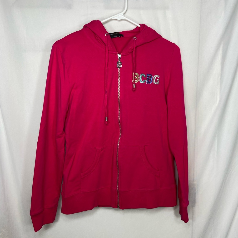 NWOT BCBG women’s colorful bright pink sequin hooded full zip‎ sweatshirt large